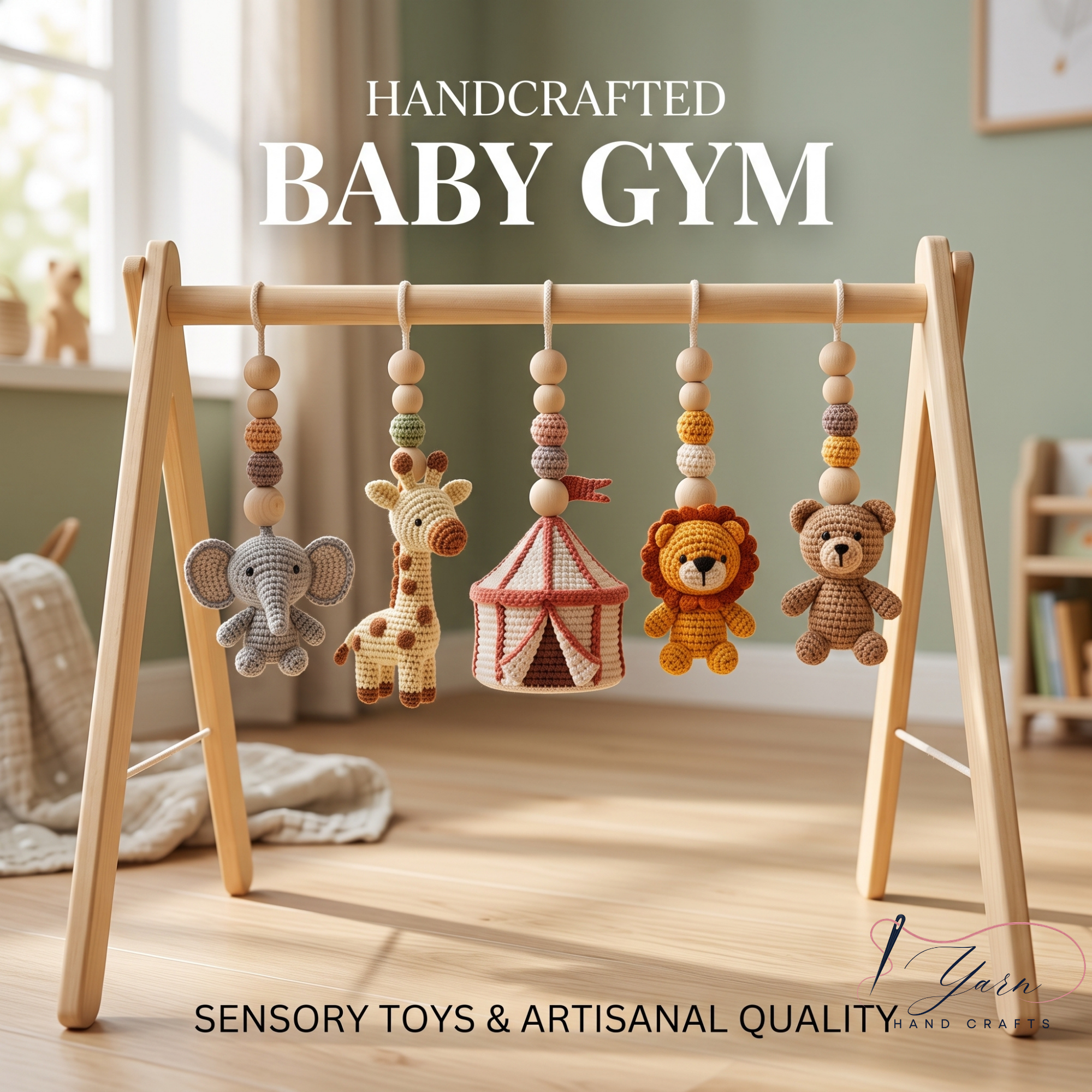Handmade Safari Circus Baby Play Gym Toys, Custom Crochet Baby Gym Hanging Toys, Montessori Wooden Baby Gym Set, Neutral Nursery Decor, Baby Shower Gift