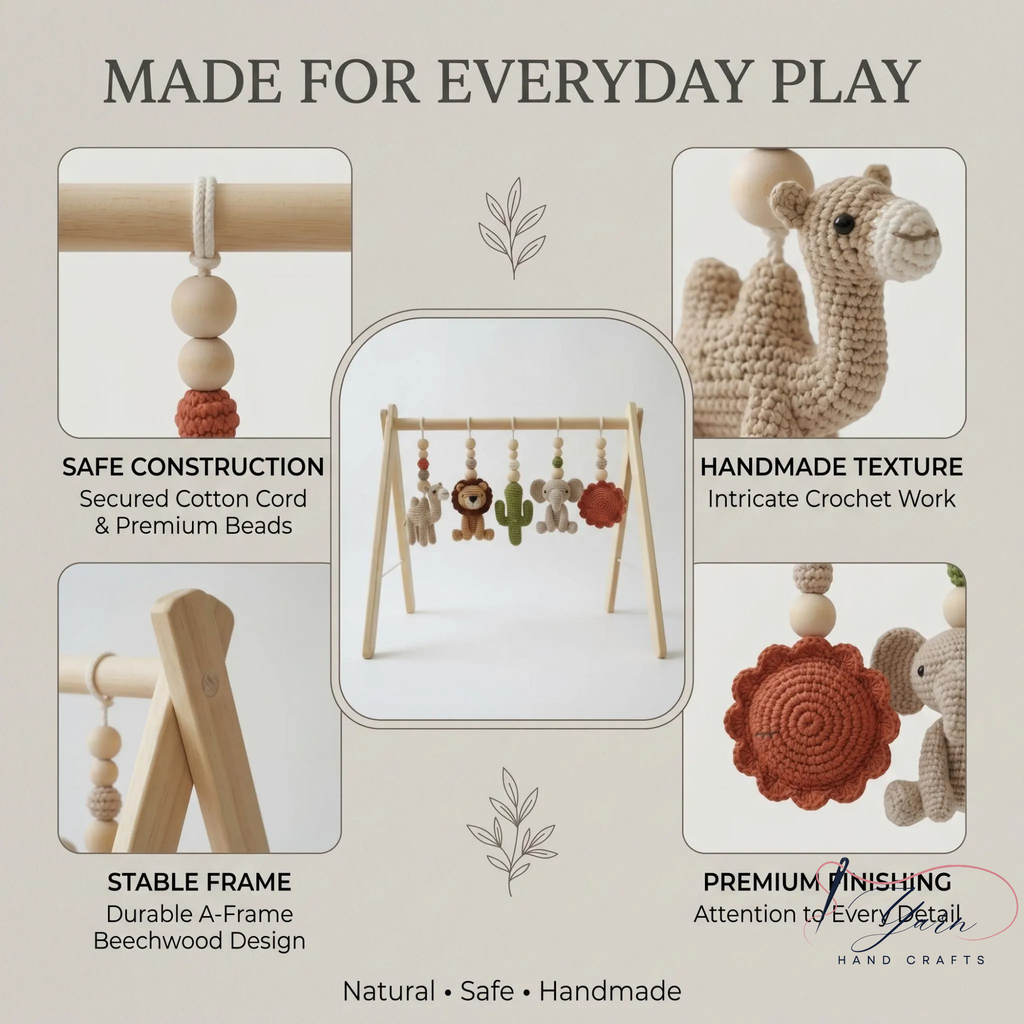 Personalized Safari Baby Gym, Handmade Wooden Play Gym, Crochet Jungle Animals, Montessori Frame, Neutral Nursery Gift