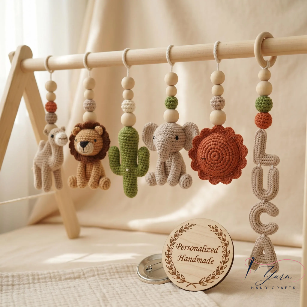 Personalized Safari Baby Gym, Handmade Wooden Play Gym, Crochet Jungle Animals, Montessori Frame, Neutral Nursery Gift