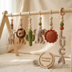 Personalized Safari Baby Gym, Handmade Wooden Play Gym, Crochet Jungle Animals, Montessori Frame, Neutral Nursery Gift
