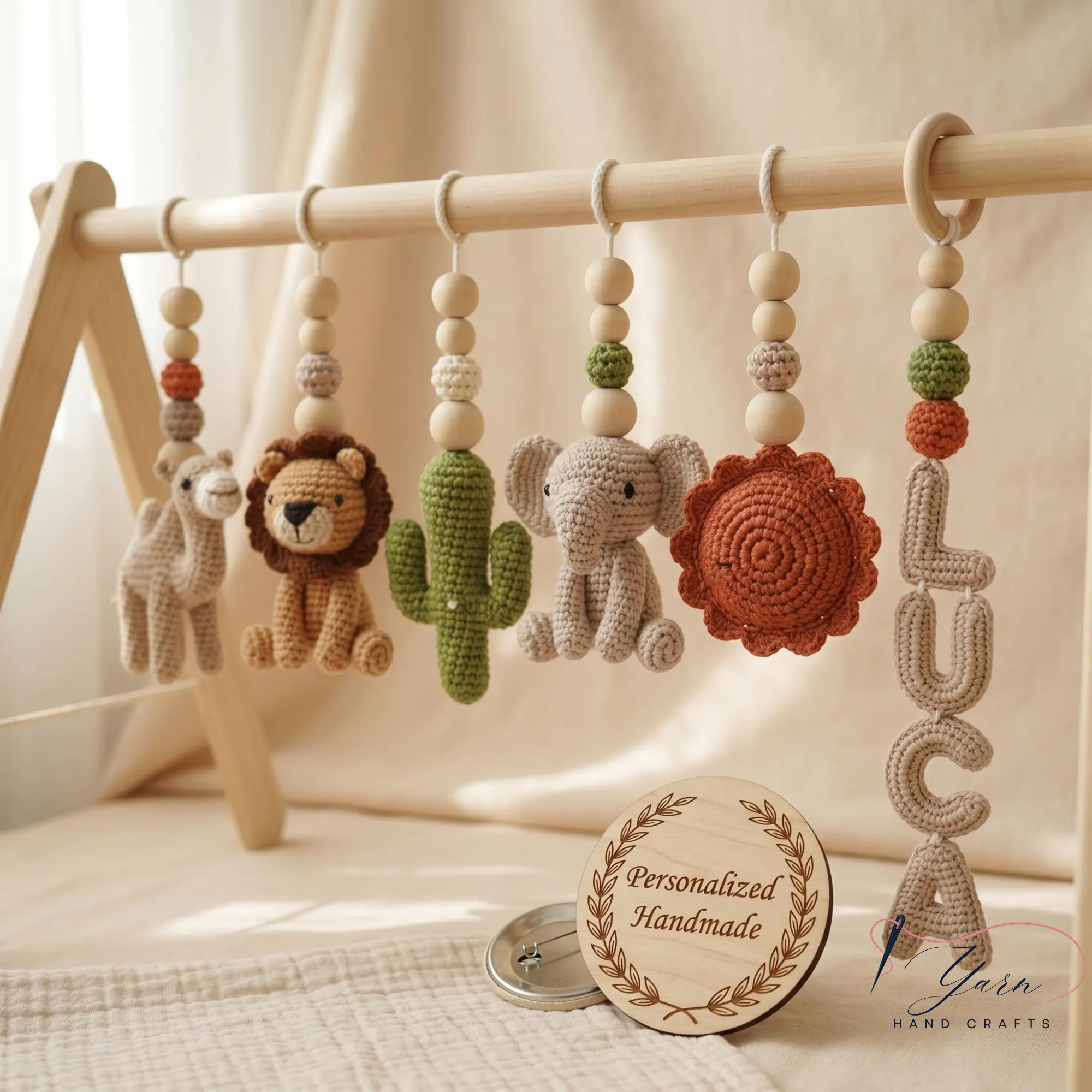 Personalized Safari Baby Gym, Handmade Wooden Play Gym, Crochet Jungle Animals, Montessori Frame, Neutral Nursery Gift