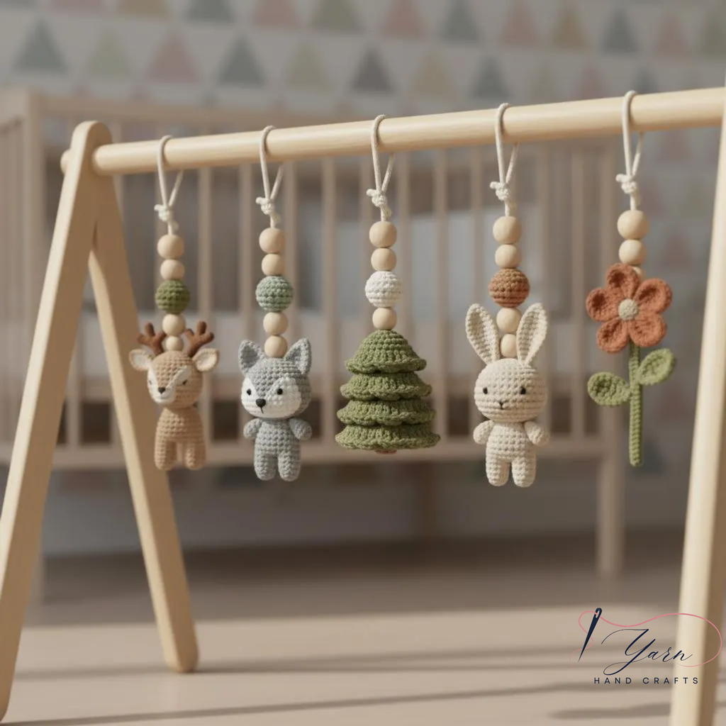 Handmade Custom Woodland Baby Gym | Personalized Wooden Play Gym with Crochet Forest Theme Toys | Neutral Montessori Nursery Decor