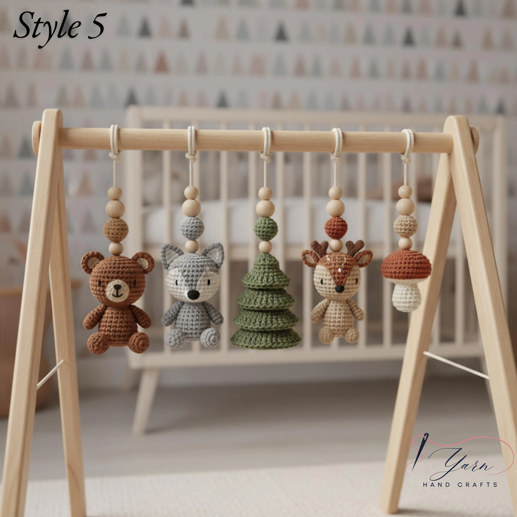 Handmade Custom Woodland Baby Gym | Personalized Wooden Play Gym with Crochet Forest Theme Toys | Neutral Montessori Nursery Decor