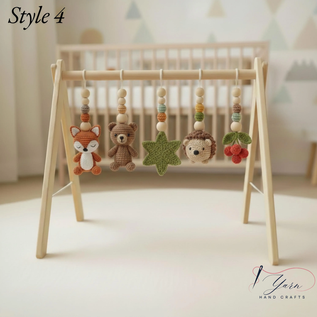 Handmade Custom Woodland Baby Gym | Personalized Wooden Play Gym with Crochet Forest Theme Toys | Neutral Montessori Nursery Decor