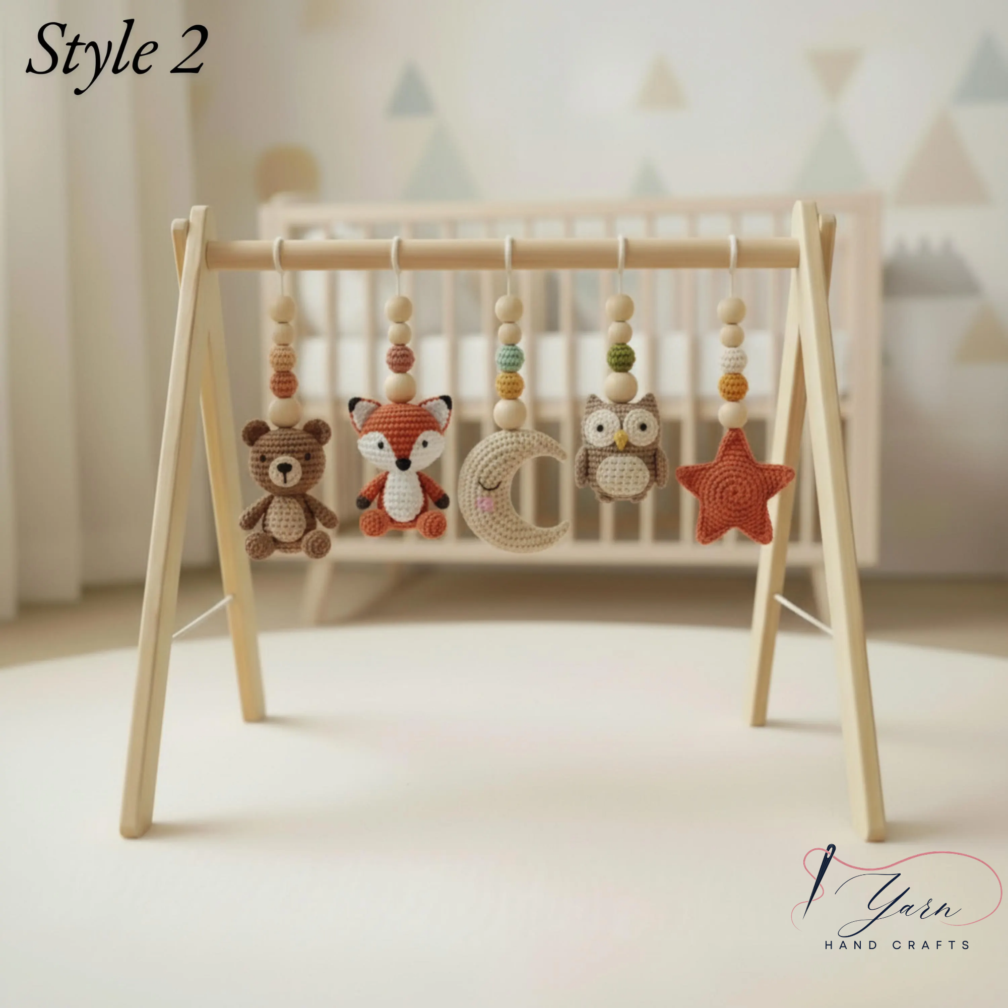 Handmade Custom Woodland Baby Gym | Personalized Wooden Play Gym with Crochet Forest Theme Toys | Neutral Montessori Nursery Decor