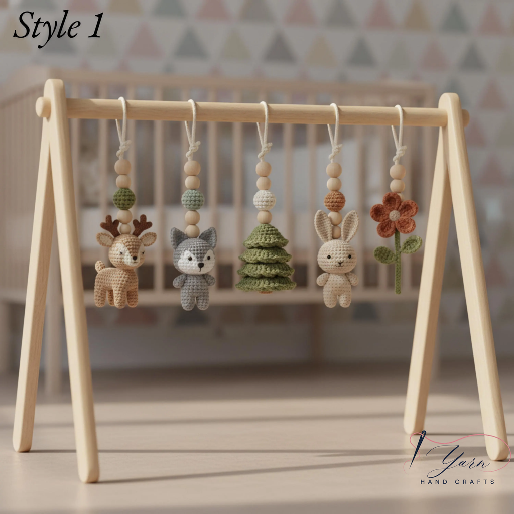 Handmade Custom Woodland Baby Gym | Personalized Wooden Play Gym with Crochet Forest Theme Toys | Neutral Montessori Nursery Decor