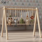 Handmade Custom Woodland Baby Gym | Personalized Wooden Play Gym with Crochet Forest Theme Toys | Neutral Montessori Nursery Decor