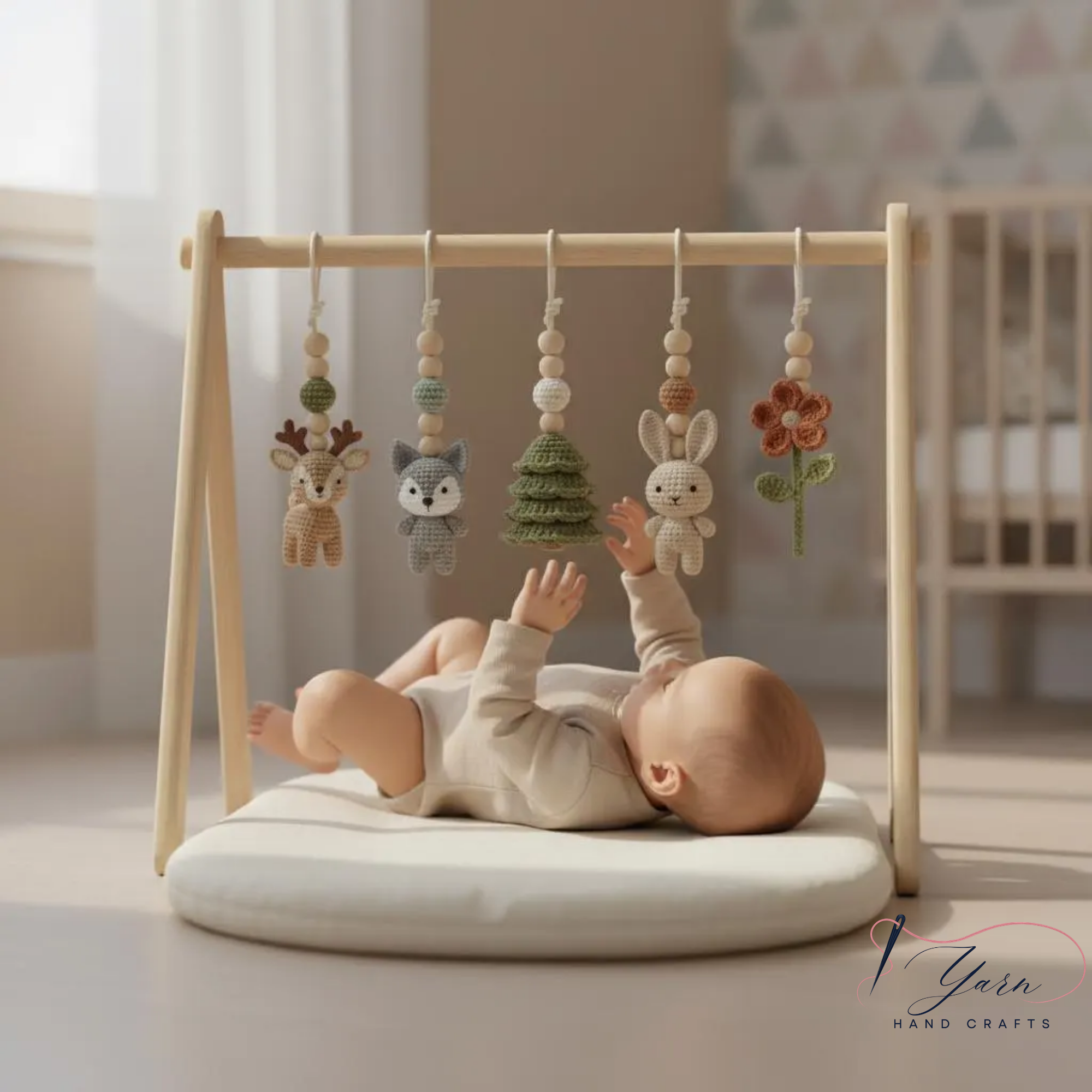 Handmade Custom Woodland Baby Gym | Personalized Wooden Play Gym with Crochet Forest Theme Toys | Neutral Montessori Nursery Decor