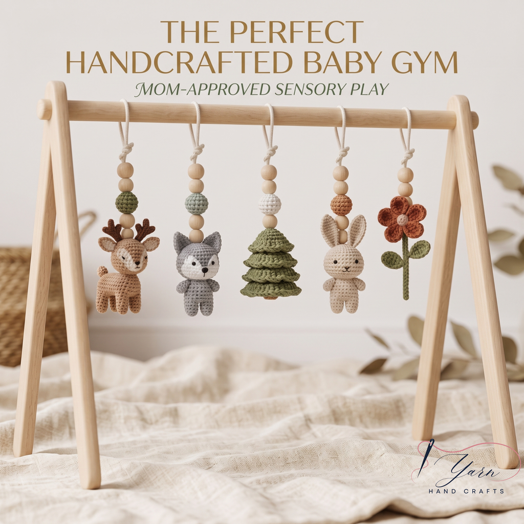 Handmade Custom Woodland Baby Gym | Personalized Wooden Play Gym with Crochet Forest Theme Toys | Neutral Montessori Nursery Decor