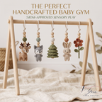 Handmade Custom Woodland Baby Gym | Personalized Wooden Play Gym with Crochet Forest Theme Toys | Neutral Montessori Nursery Decor