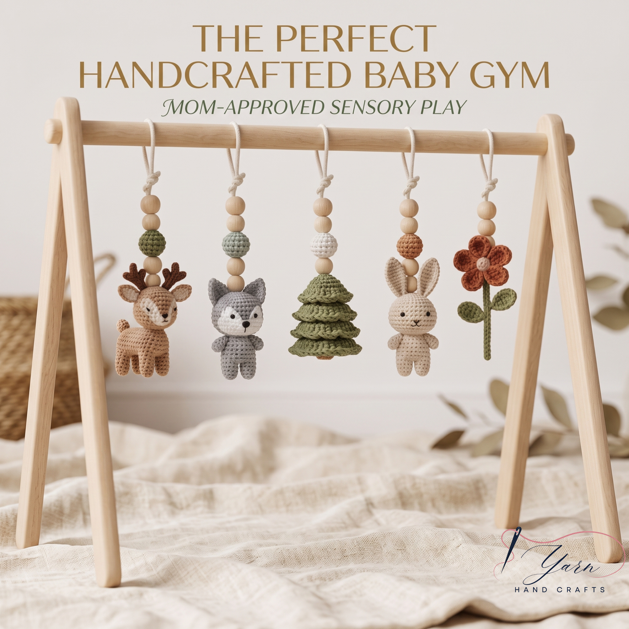 Handmade Custom Woodland Baby Gym | Personalized Wooden Play Gym with Crochet Forest Theme Toys | Neutral Montessori Nursery Decor