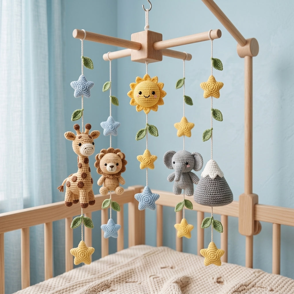 Handmade Crochet Safari Baby Mobile – Nursery Crib Decor