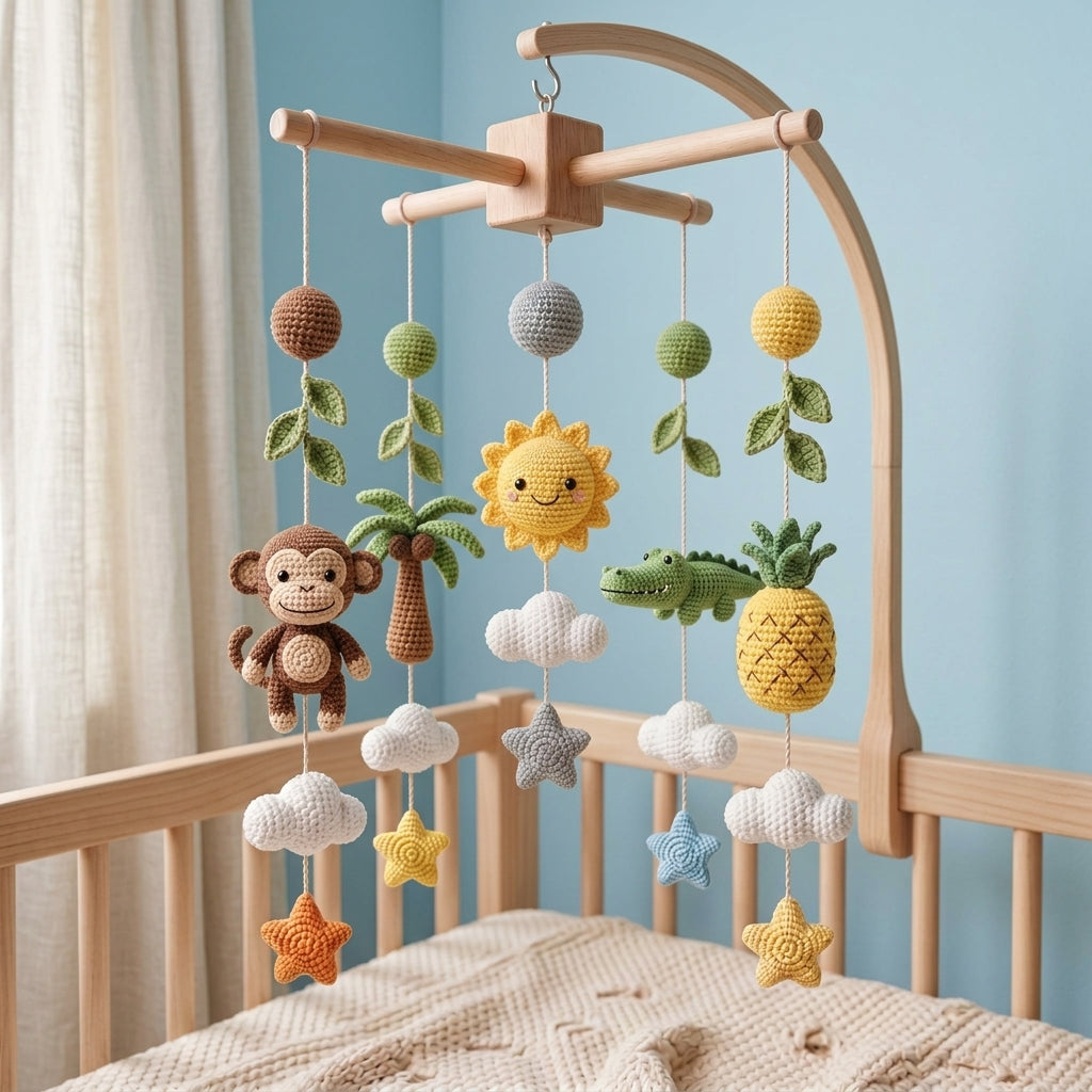 Handmade Crochet Jungle Baby Mobile – Monkey, Crocodile & Tropical Nursery Decor