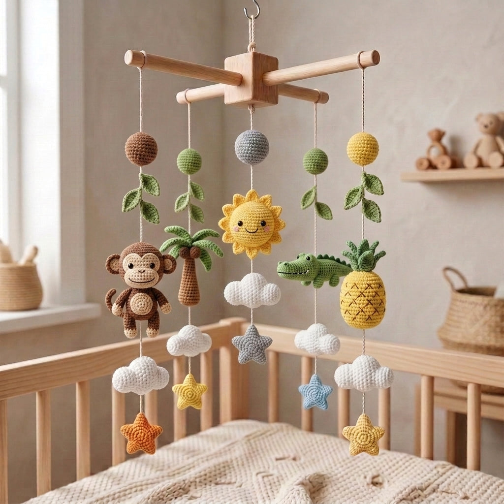 Handmade Crochet Jungle Baby Mobile – Monkey, Crocodile & Tropical Nursery Decor