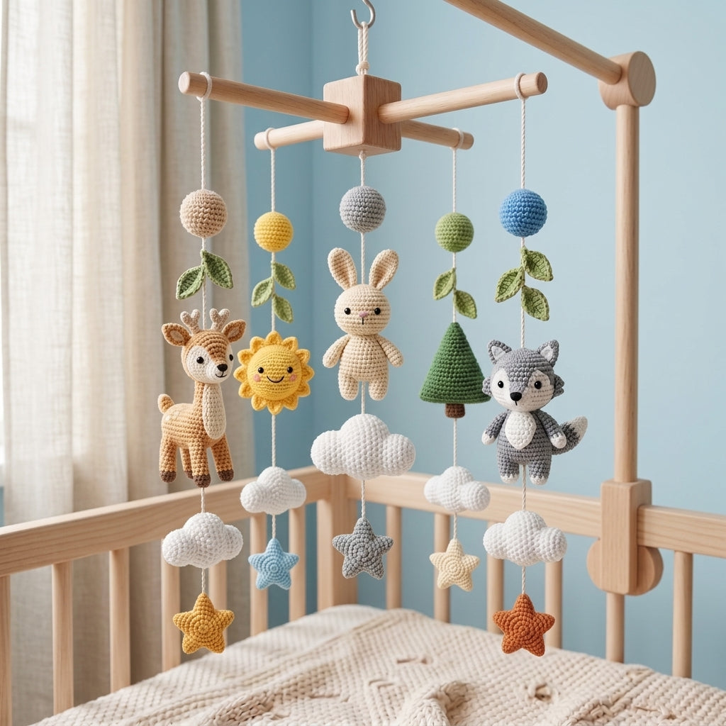Handmade Crochet Woodland Baby Mobile – Deer, Bunny & Wolf Nursery Decor