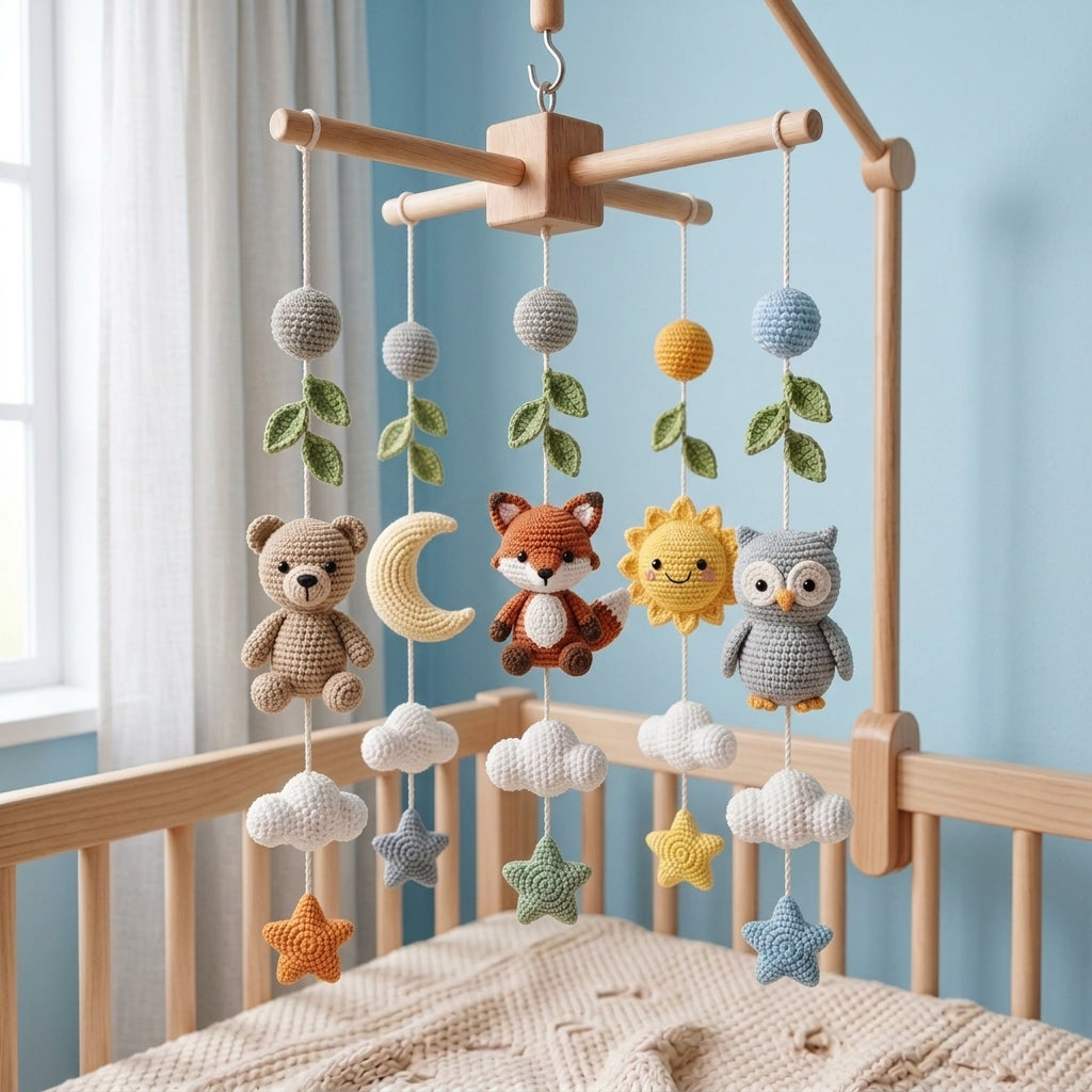 Handmade Crochet Woodland Baby Mobile – Fox, Bear & Owl Nursery Crib Decor