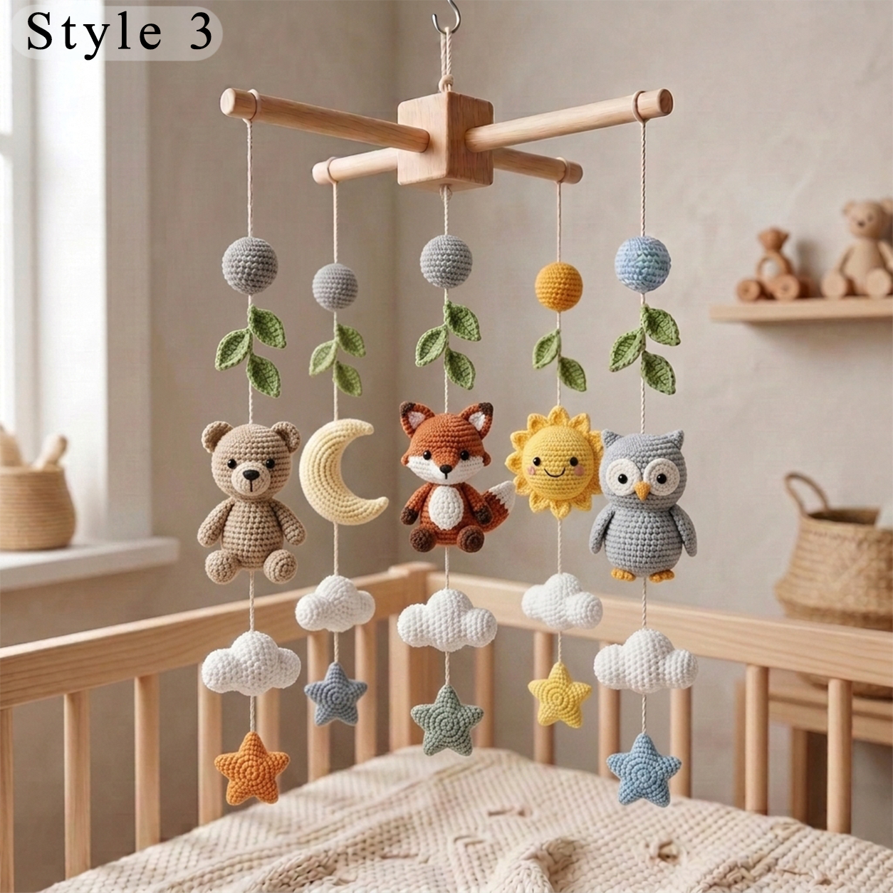 Handmade Crochet Woodland Baby Mobile – Fox, Bear & Owl Nursery Crib Decor