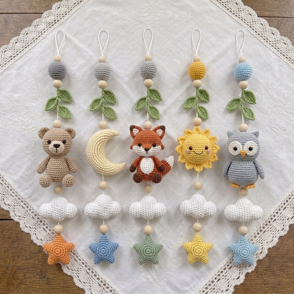 Handmade Crochet Woodland Baby Mobile – Fox, Bear & Owl Nursery Crib Decor