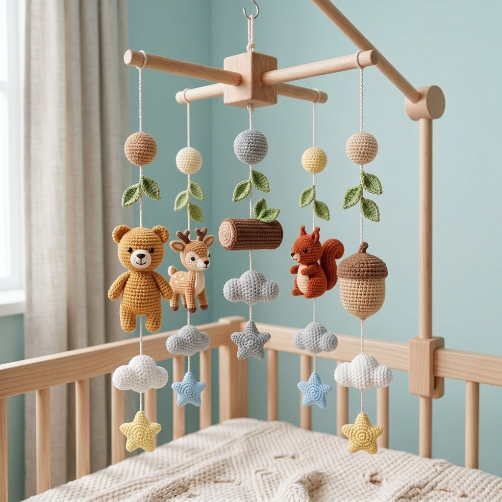Handmade Crochet Woodland Baby Mobile – Bear, Deer & Squirrel Nursery Crib Decor