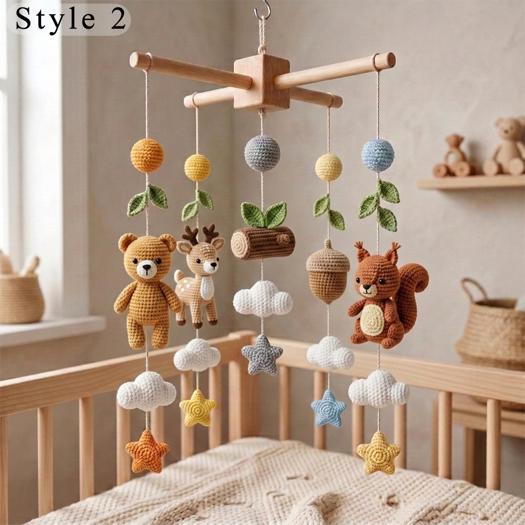 Handmade Crochet Woodland Baby Mobile – Bear, Deer & Squirrel Nursery Crib Decor