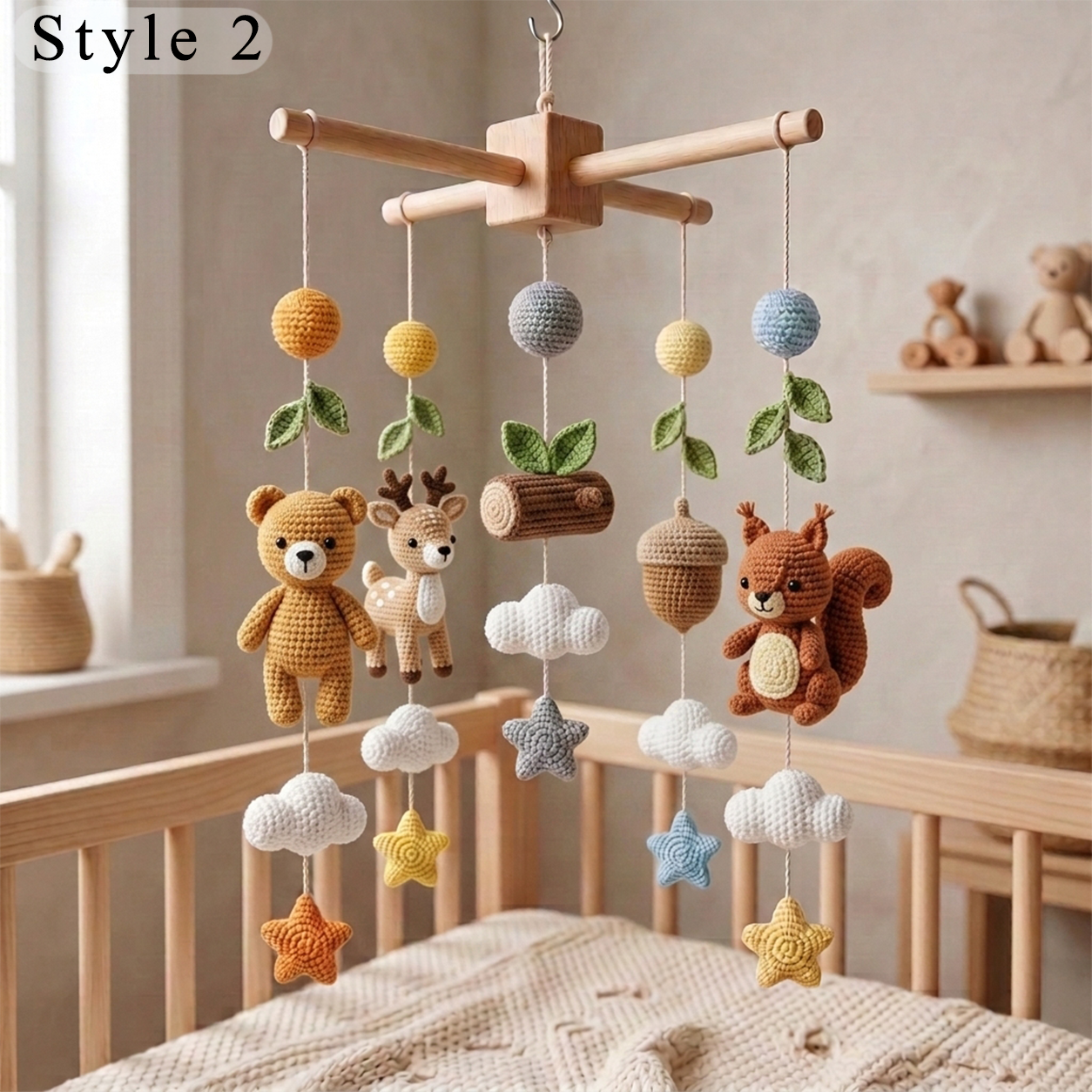 Handmade Crochet Woodland Baby Mobile – Bear, Deer & Squirrel Nursery Crib Decor