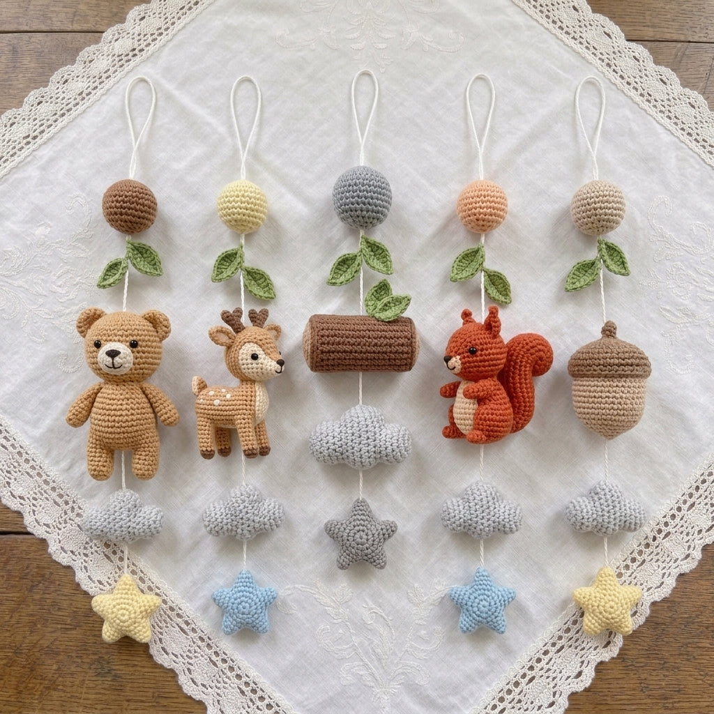 Handmade Crochet Woodland Baby Mobile – Bear, Deer & Squirrel Nursery Crib Decor