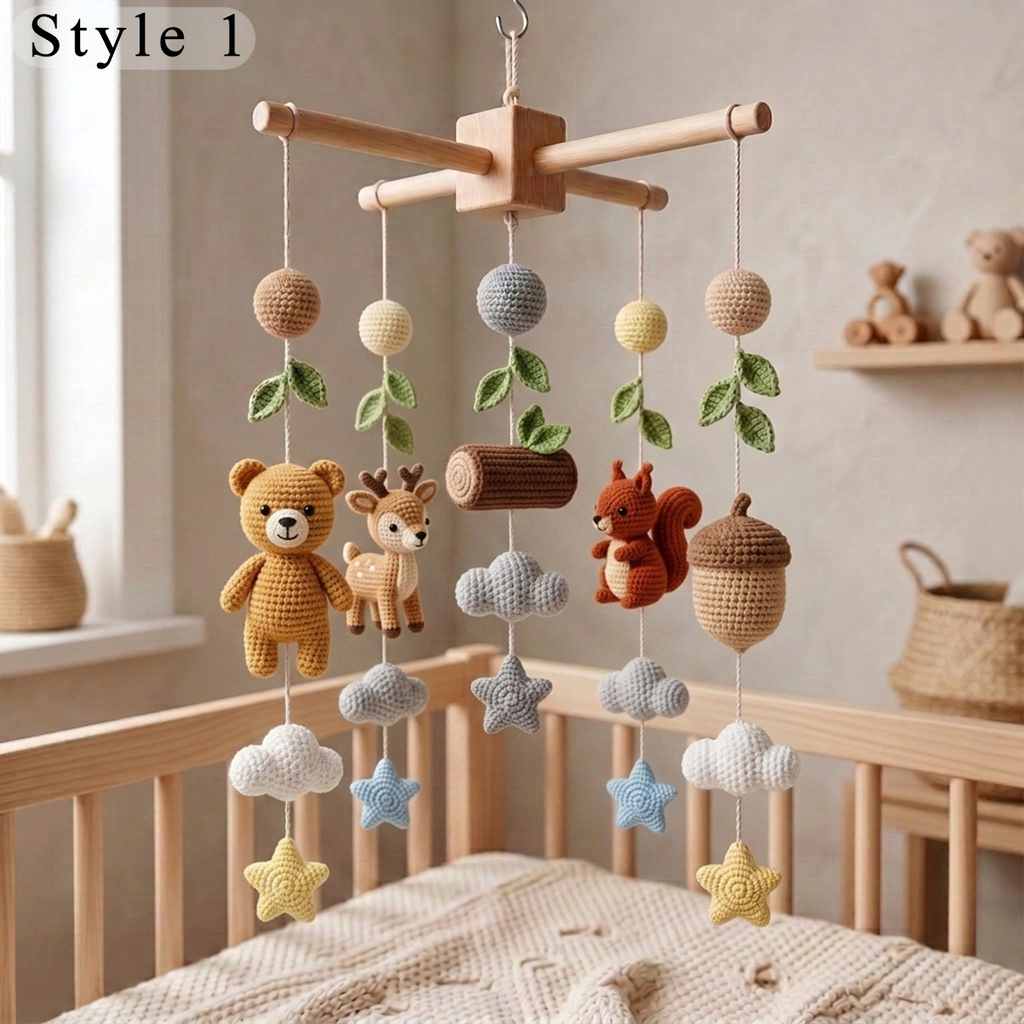 Handmade Crochet Woodland Baby Mobile – Bear, Deer & Squirrel Nursery Crib Decor
