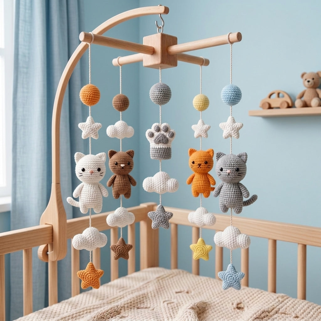 Handmade Crochet Cat Baby Mobile – Kitty Nursery Crib Decor
