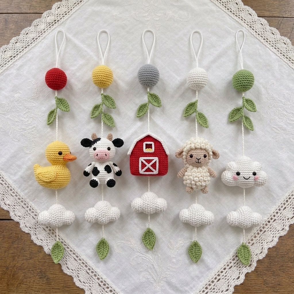 Handmade Crochet Farm Animal Baby Mobile – Cow, Sheep, Duck & Barn Nursery Decor