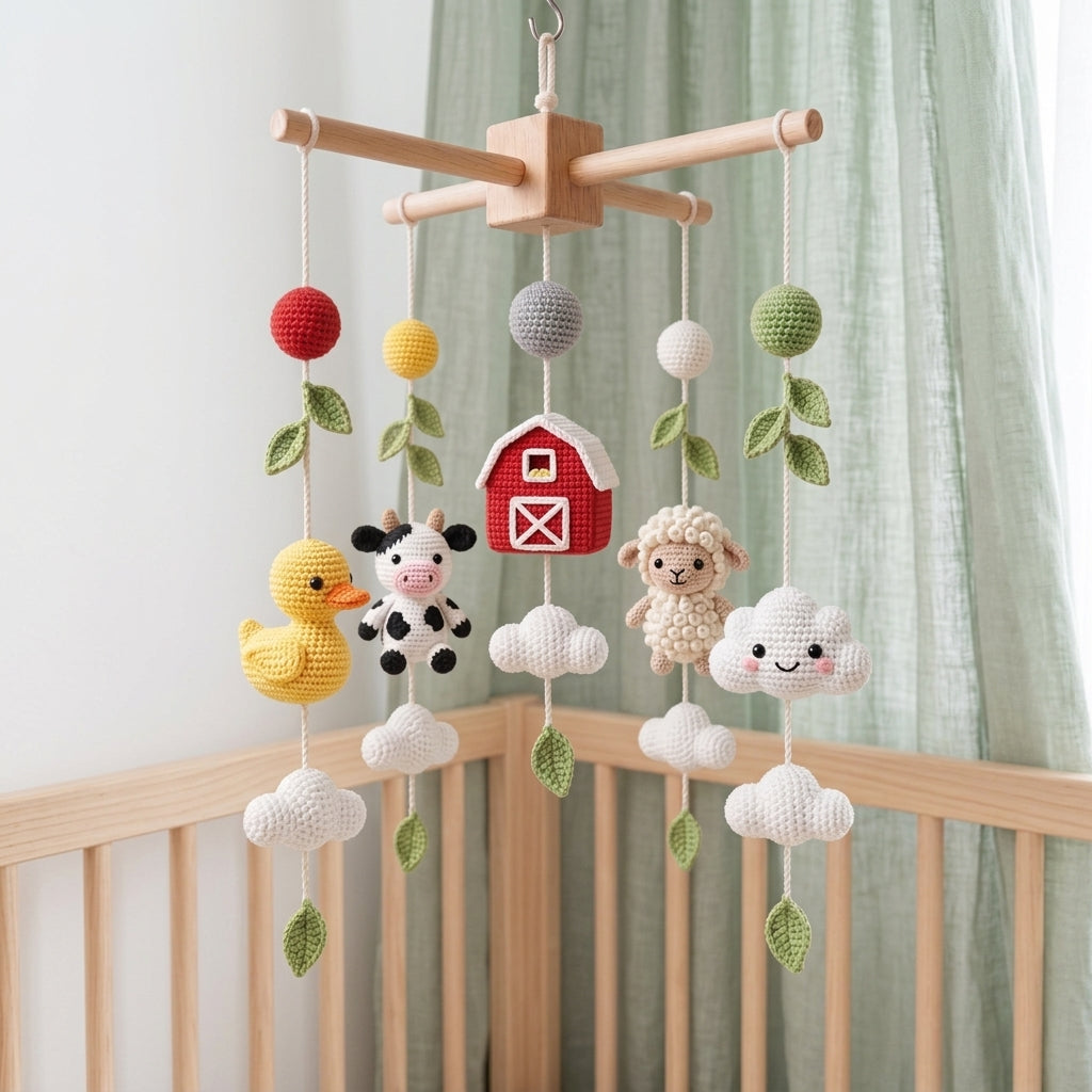 Handmade Crochet Farm Animal Baby Mobile – Cow, Sheep, Duck & Barn Nursery Decor