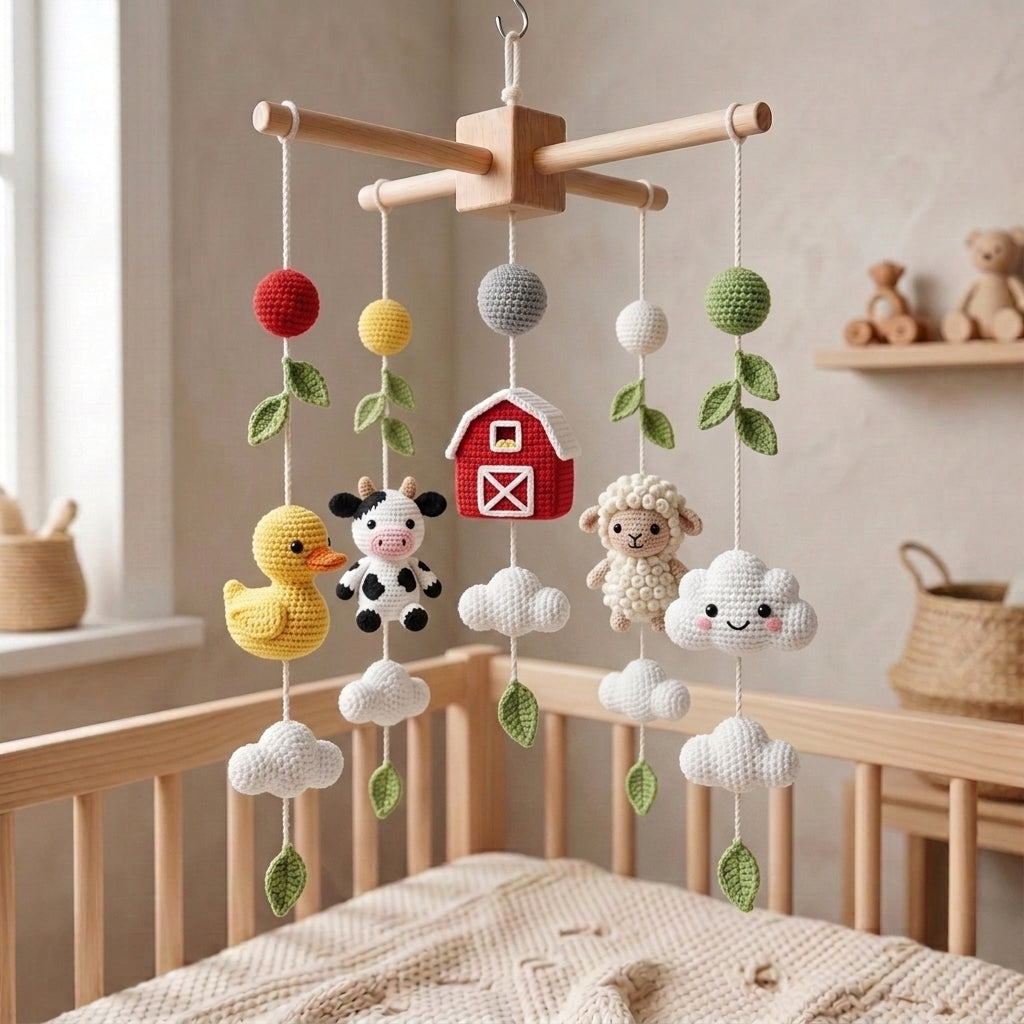 Handmade Crochet Farm Animal Baby Mobile – Cow, Sheep, Duck & Barn Nursery Decor