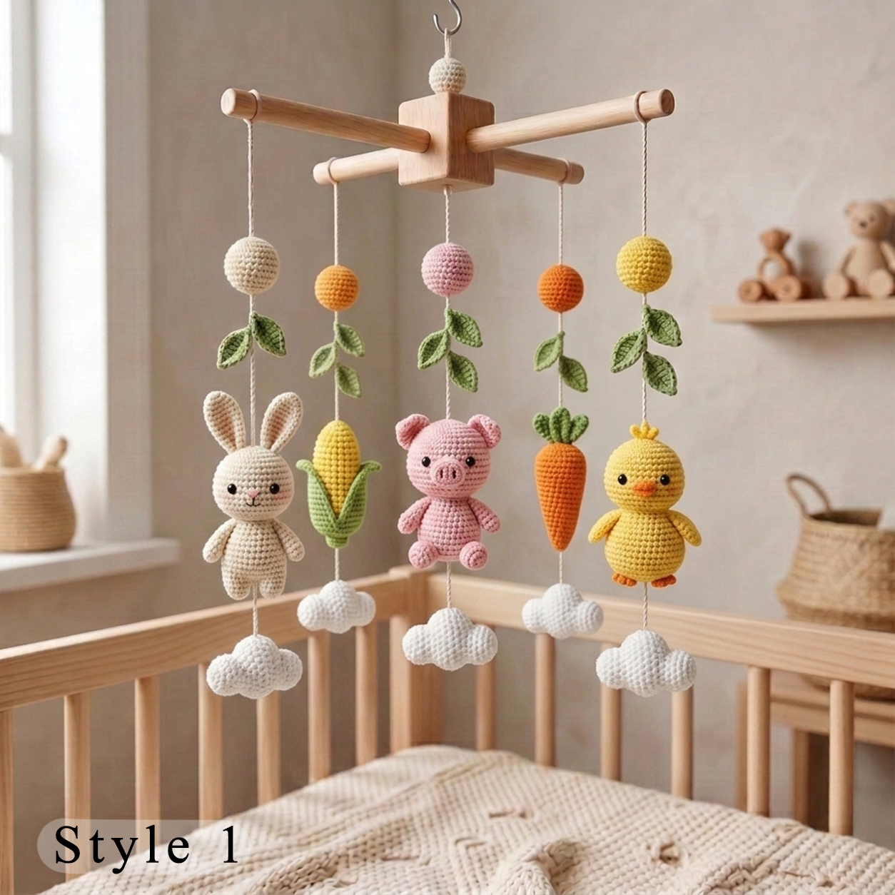 Handmade Crochet Farm Baby Mobile – Bunny, Pig & Chick Nursery Crib Decor