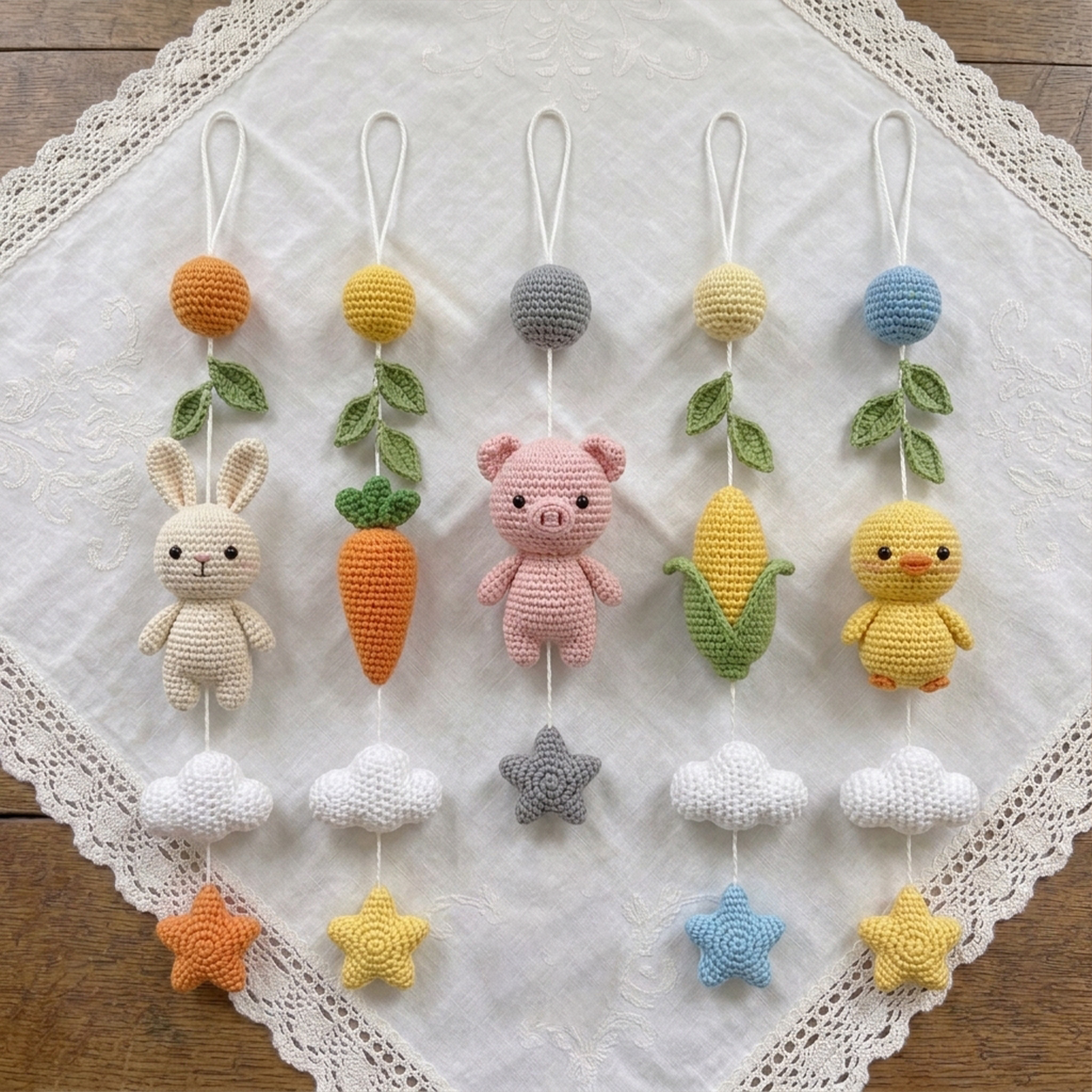 Handmade Crochet Farm Baby Mobile – Bunny, Pig & Chick Nursery Crib Decor