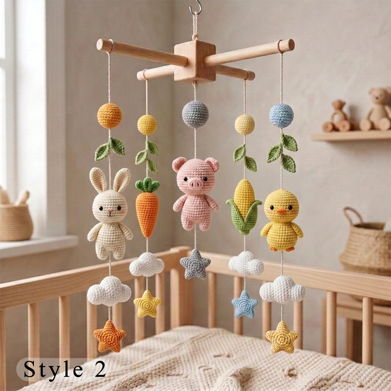 Handmade Crochet Farm Baby Mobile – Bunny, Pig & Chick Nursery Crib Decor