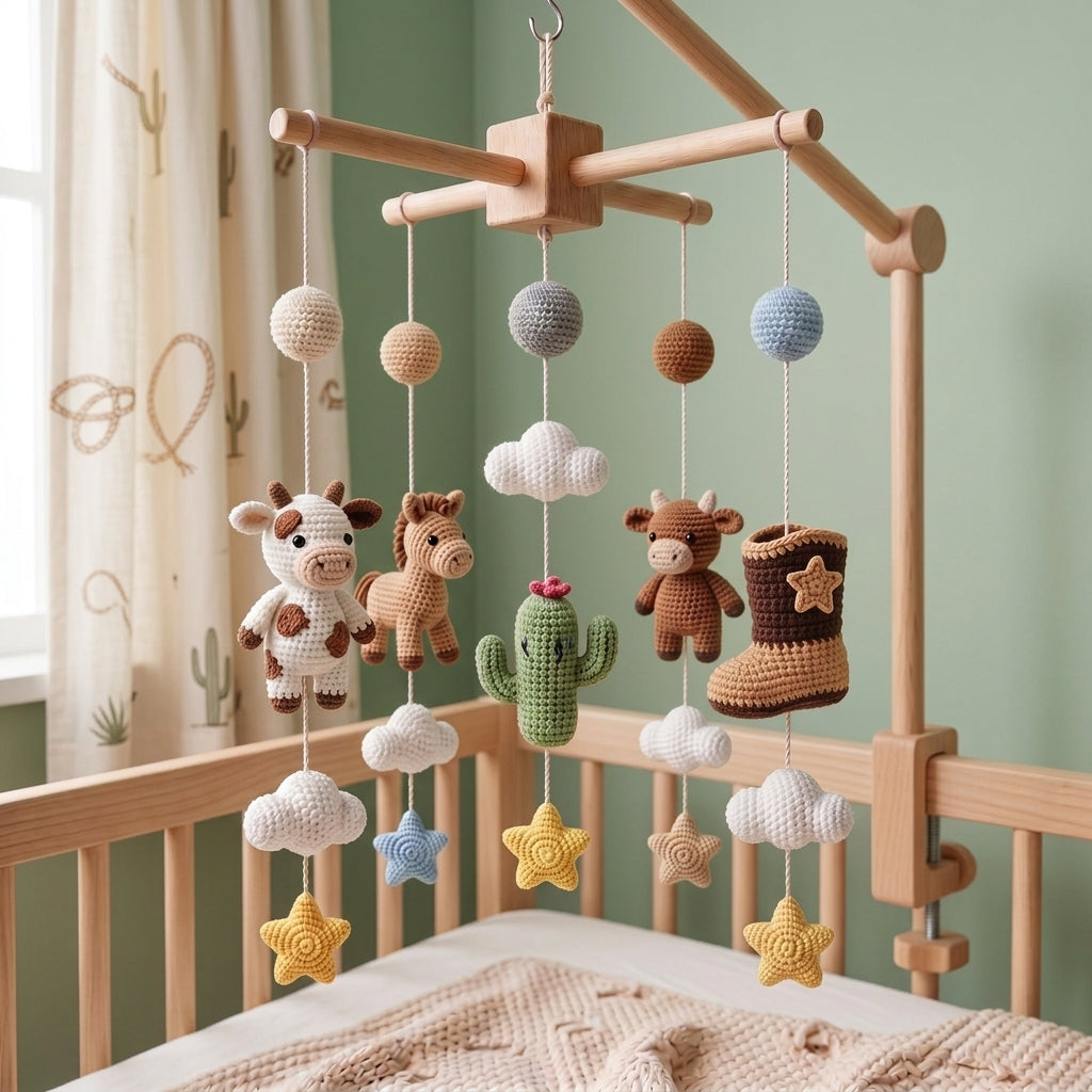 Handmade Crochet Western Baby Mobile – Cowboy Farm Animal Nursery Decor