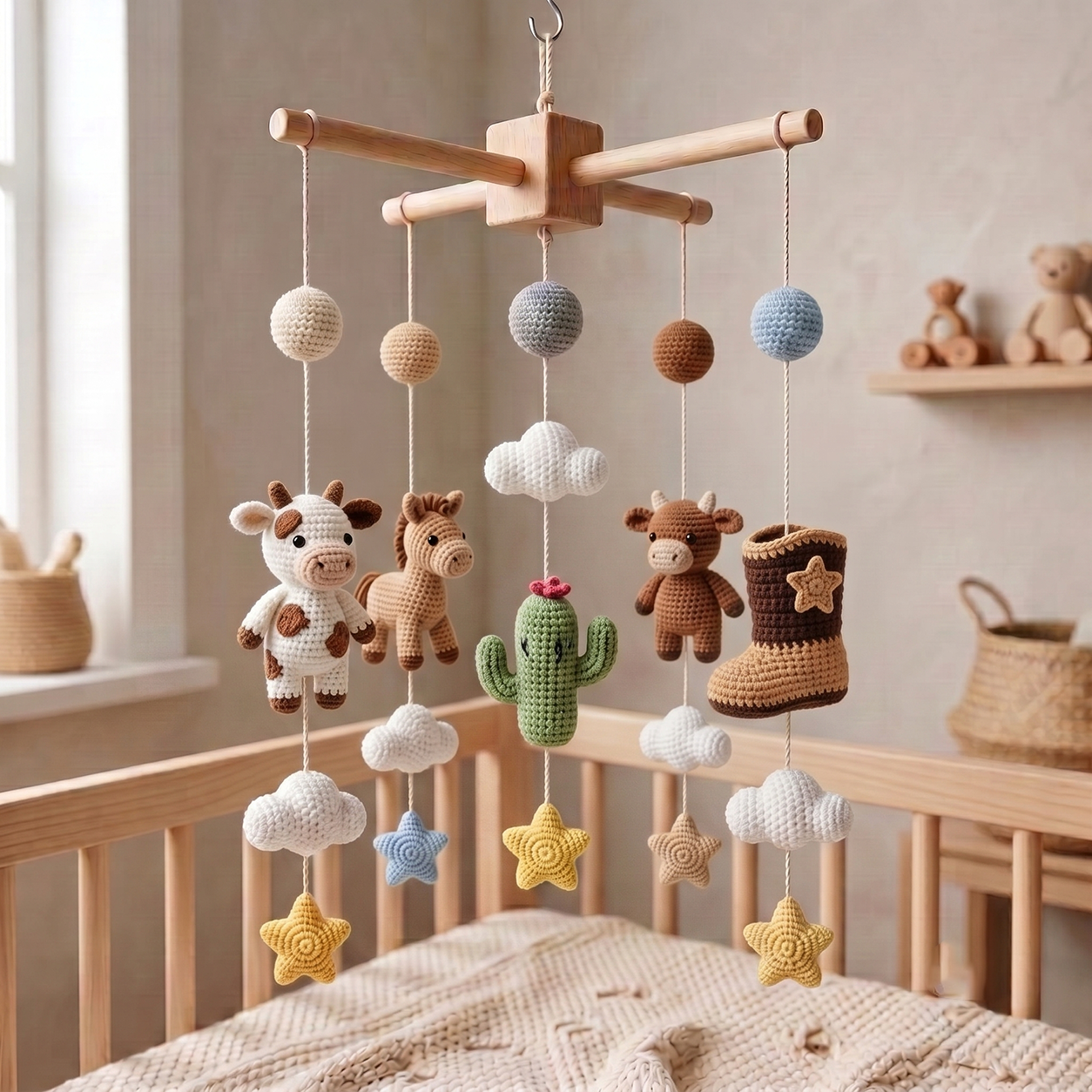 Handmade Crochet Western Baby Mobile – Cowboy Farm Animal Nursery Decor