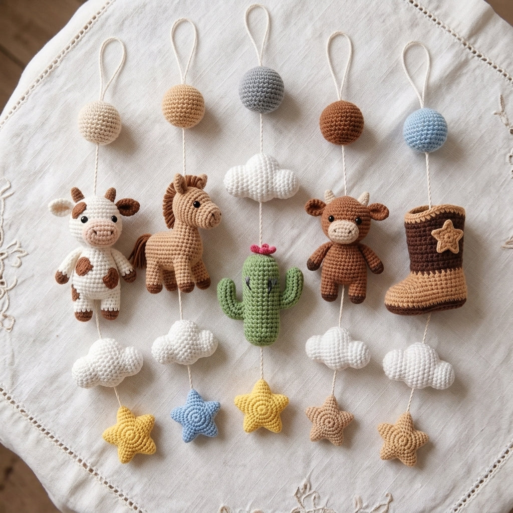 Handmade Crochet Western Baby Mobile – Cowboy Farm Animal Nursery Decor