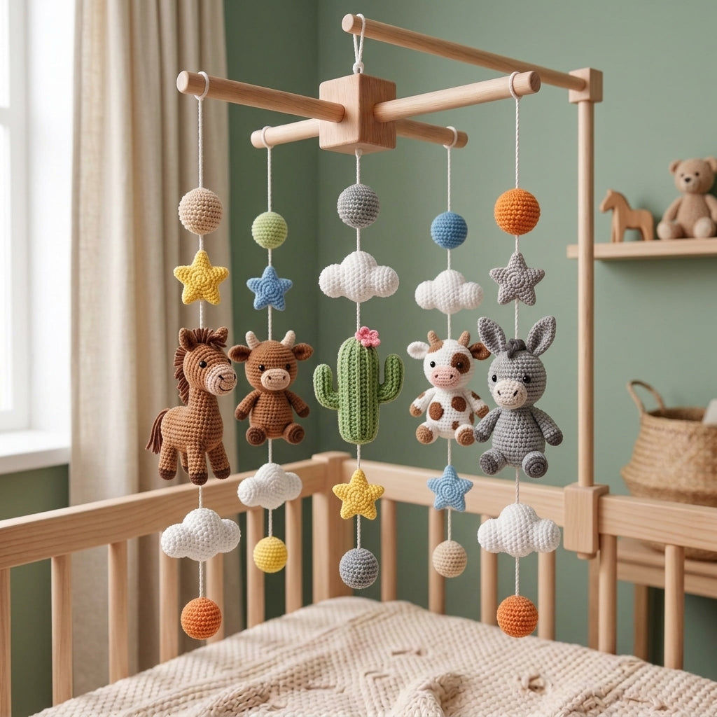 Handmade Crochet Western Baby Mobile – Horse, Cow, Donkey & Cactus Nursery Decor