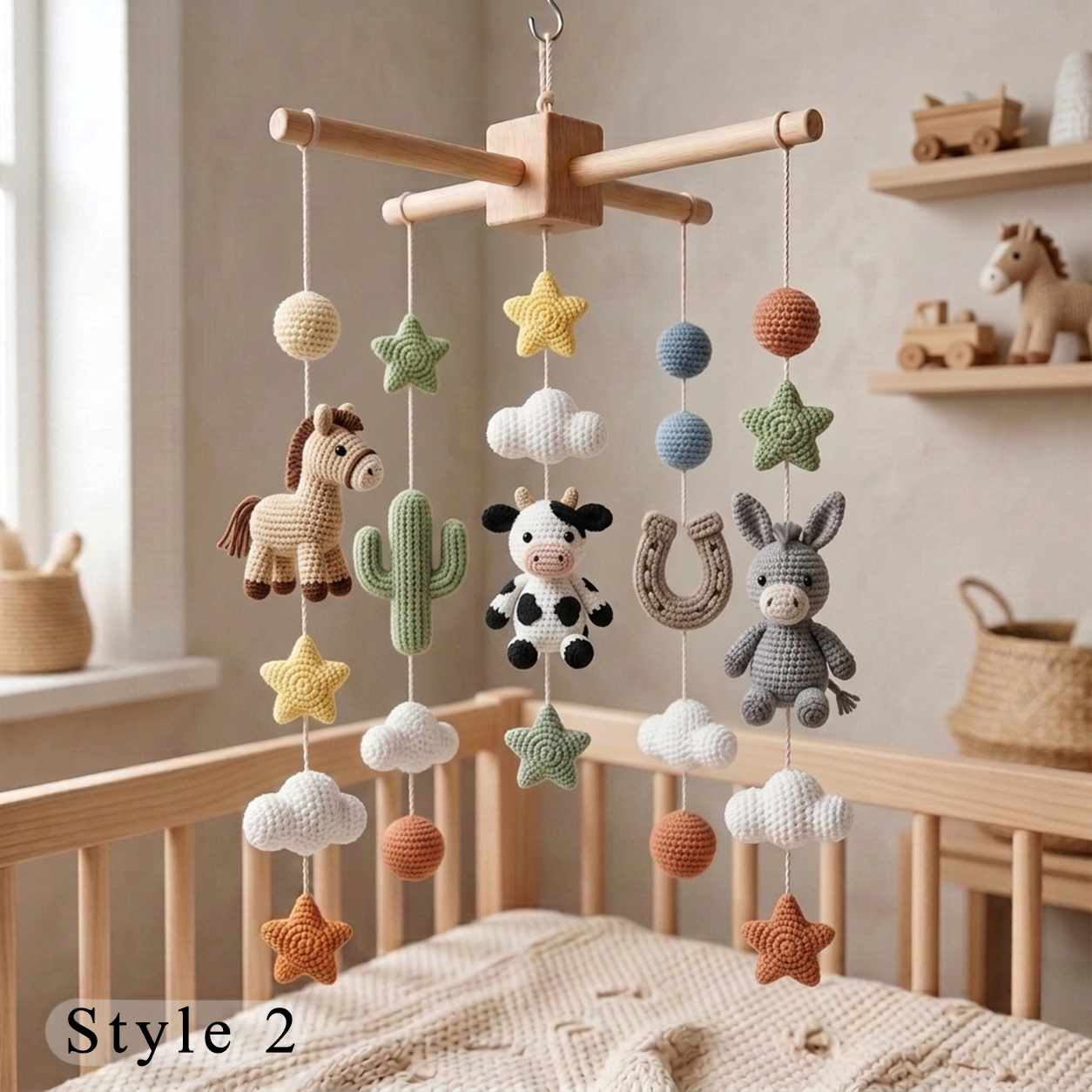 Handmade Crochet Western Baby Mobile – Horse, Cow, Donkey & Cactus Nursery Decor