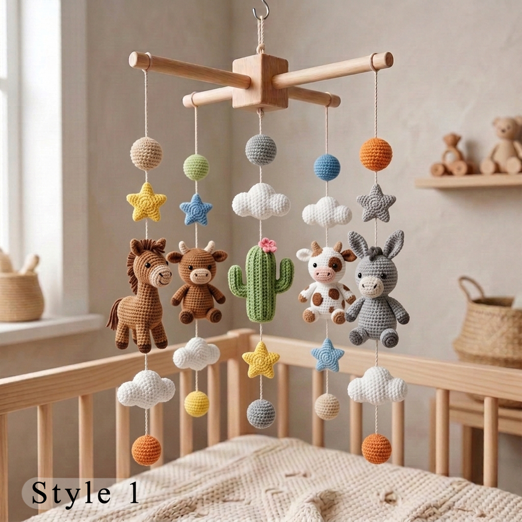 Handmade Crochet Western Baby Mobile – Horse, Cow, Donkey & Cactus Nursery Decor