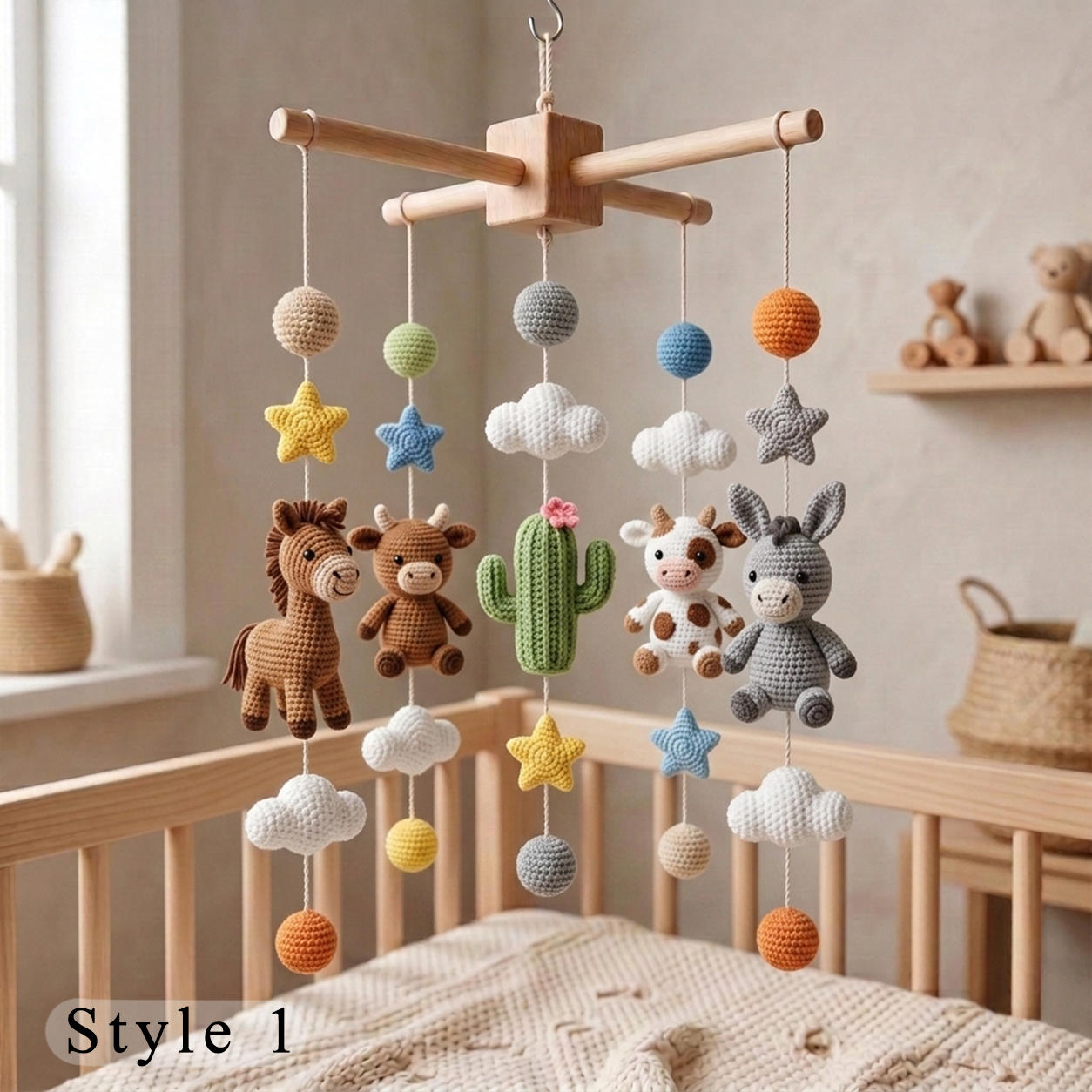Handmade Crochet Western Baby Mobile – Horse, Cow, Donkey & Cactus Nursery Decor