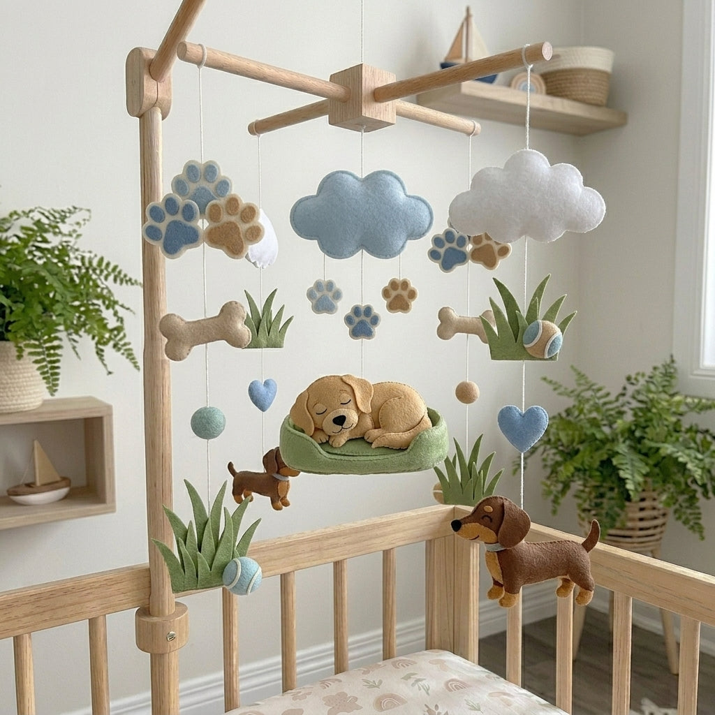 Felt Dog Baby Mobile, Puppy Nursery Crib Decor with Paw