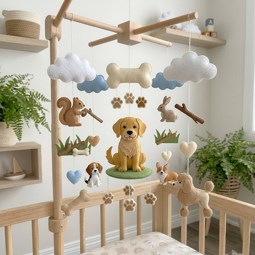 Felt Dog Baby Mobile, Puppy Nursery Crib Decor with Paw