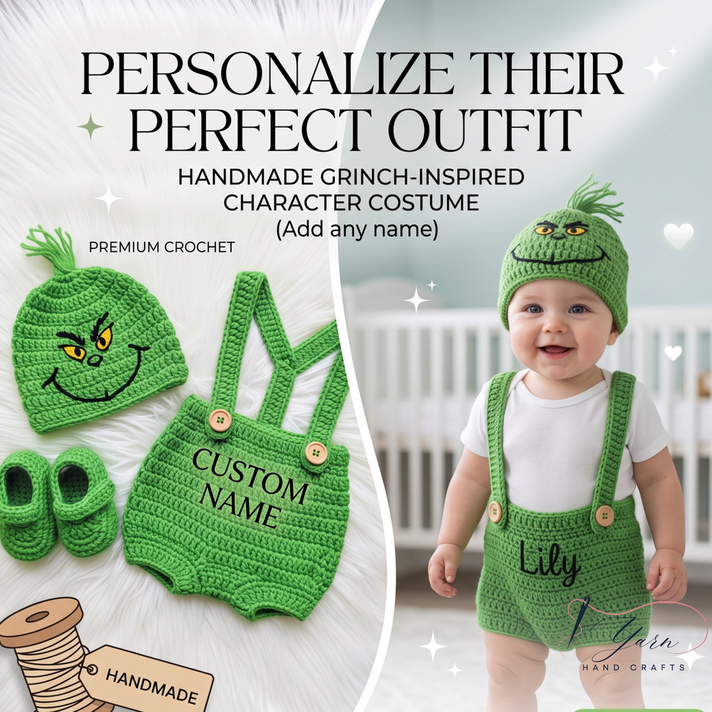 Personalized Green Baby Crochet Outfit | Handmade Christmas Baby Set | Custom Grinch Inspired Baby Costume | Crochet Hat Romper Booties | Holiday Photo Outfit