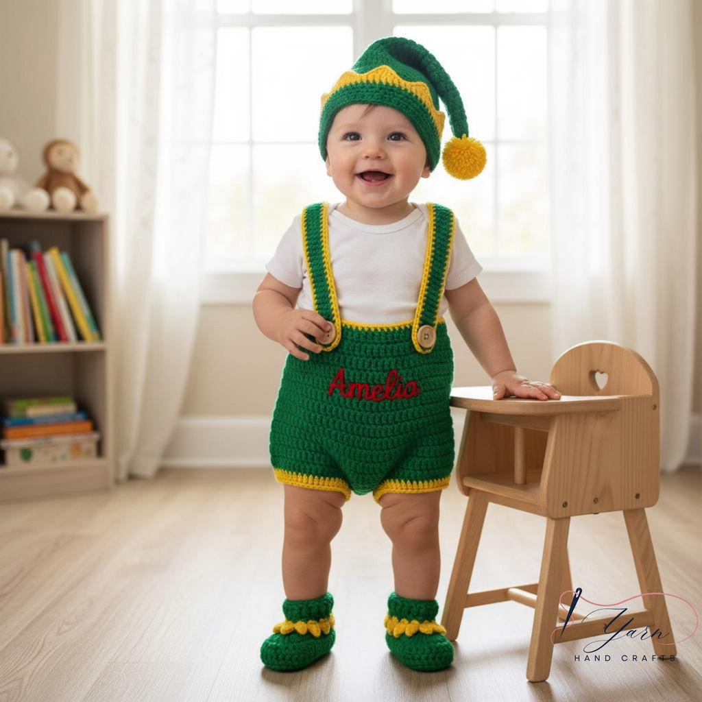 Personalized Green Baby Crochet Outfit | Handmade Christmas Baby Set | Custom Grinch Inspired Baby Costume | Crochet Hat Romper Booties | Holiday Photo Outfit