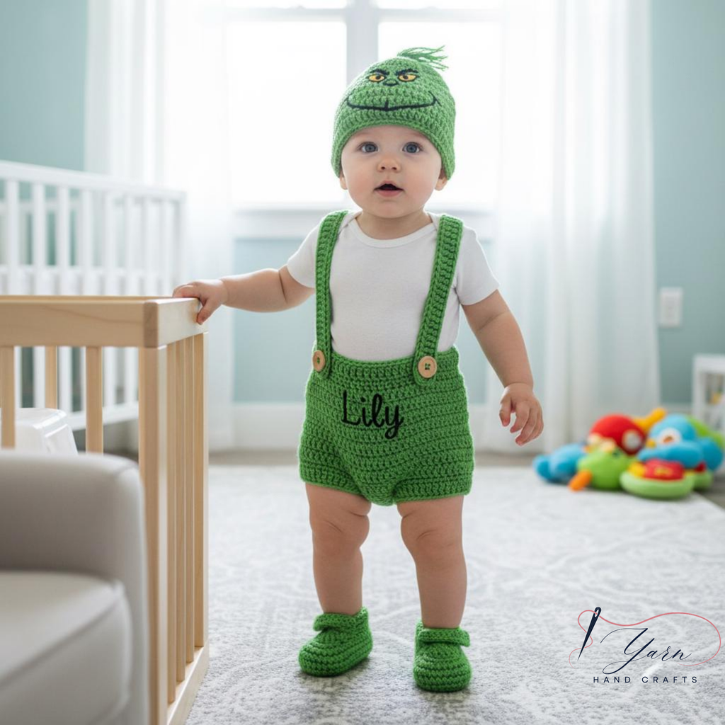 Personalized Green Baby Crochet Outfit | Handmade Christmas Baby Set | Custom Grinch Inspired Baby Costume | Crochet Hat Romper Booties | Holiday Photo Outfit