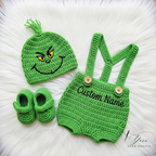 Personalized Green Baby Crochet Outfit | Handmade Christmas Baby Set | Custom Grinch Inspired Baby Costume | Crochet Hat Romper Booties | Holiday Photo Outfit