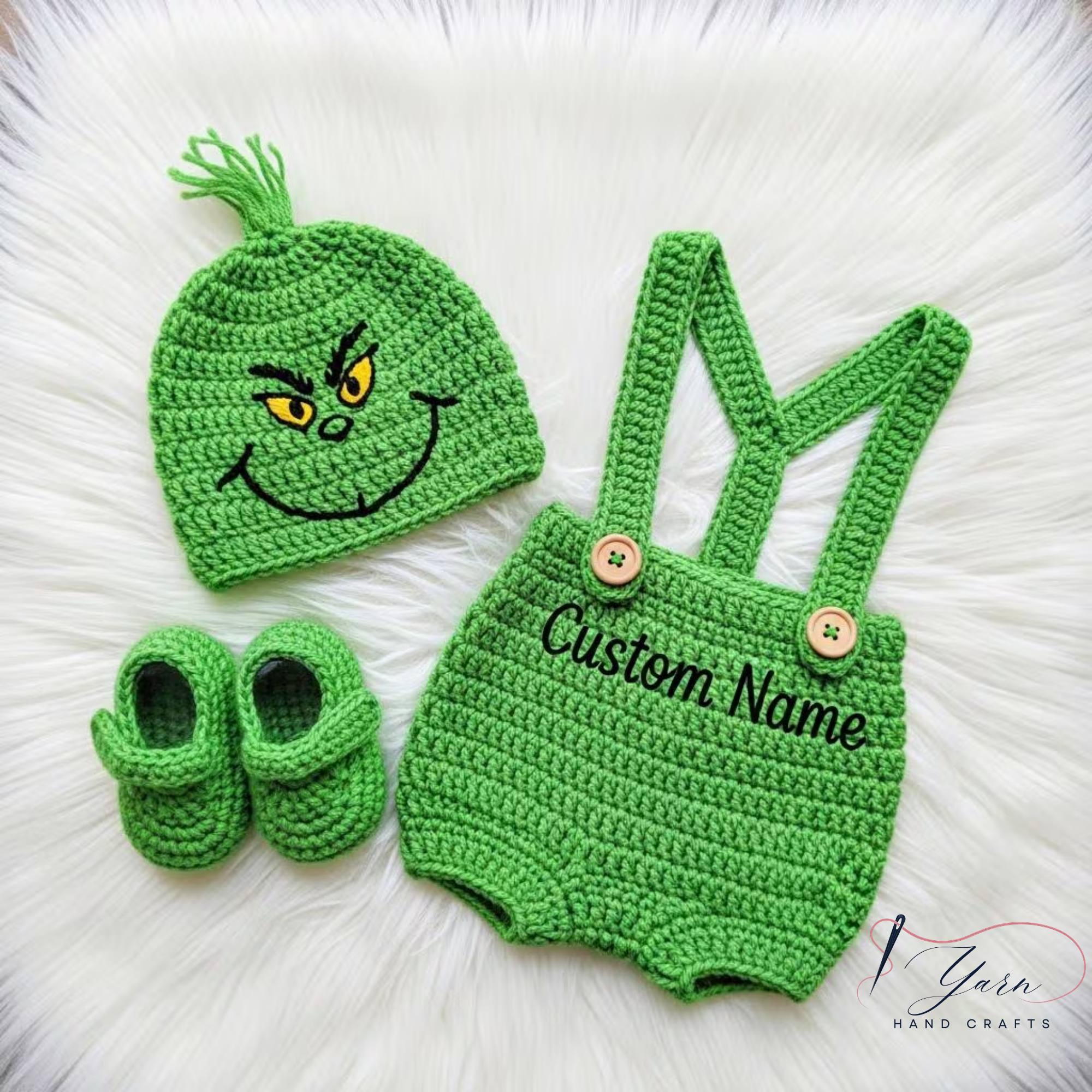 Personalized Green Baby Crochet Outfit | Handmade Christmas Baby Set | Custom Grinch Inspired Baby Costume | Crochet Hat Romper Booties | Holiday Photo Outfit
