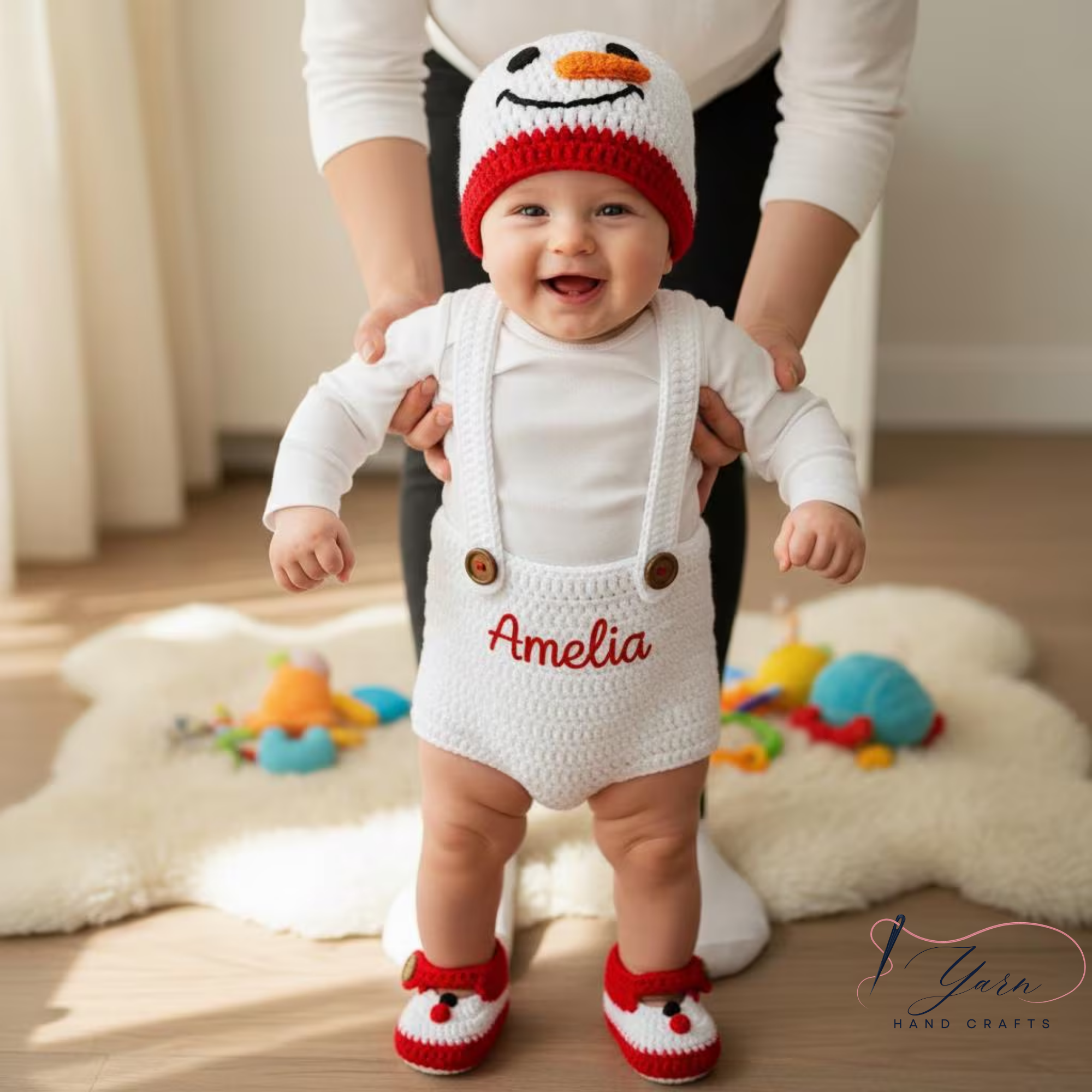 Crochet Baby Outfit Set with Custom Baby Crochet Shirt, Santa Hat & Red Suspender Shorts Baby Clothing, Christmas Crochet Baby Outfit