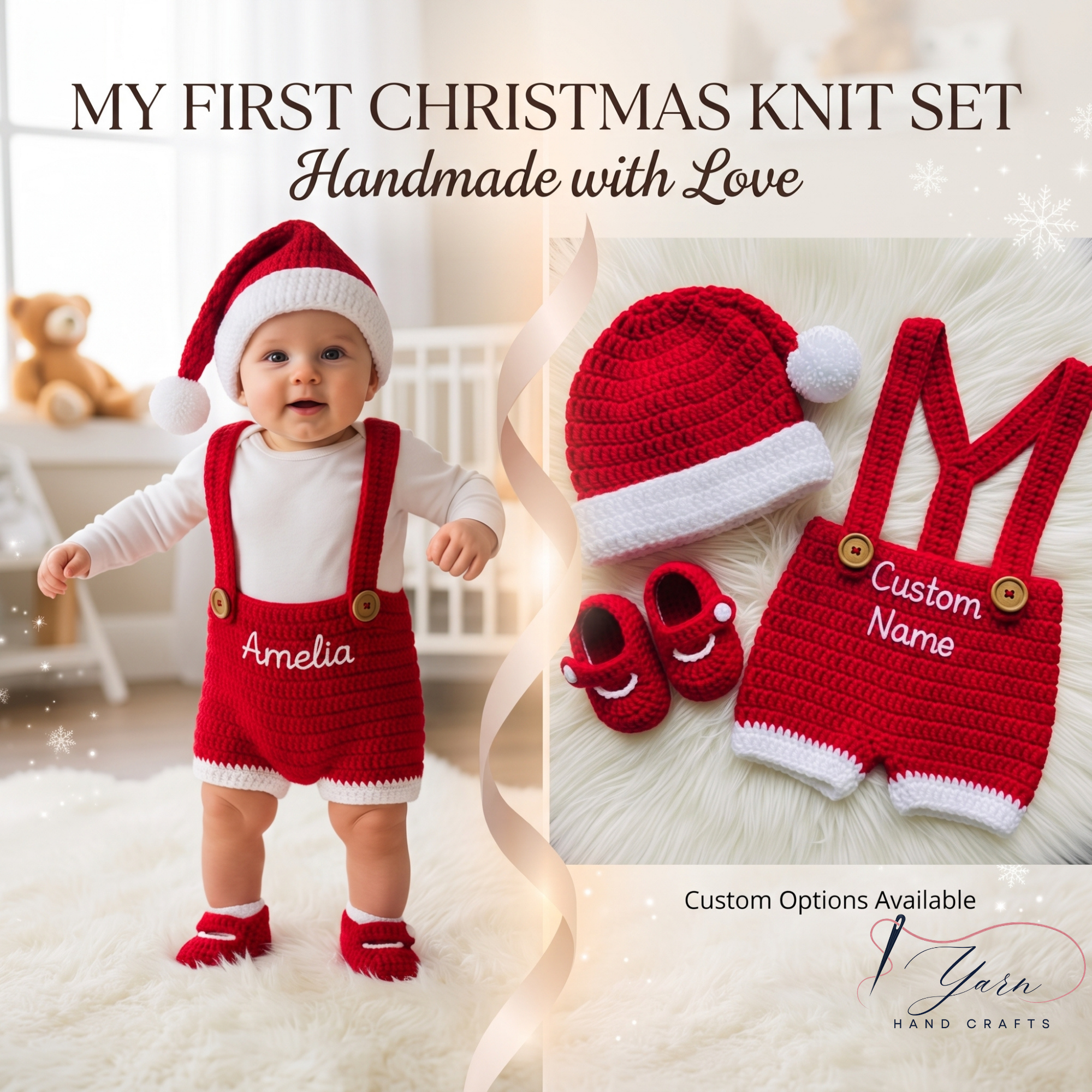 Crochet Baby Outfit Set with Custom Baby Crochet Shirt, Santa Hat & Red Suspender Shorts Baby Clothing, Christmas Crochet Baby Outfit